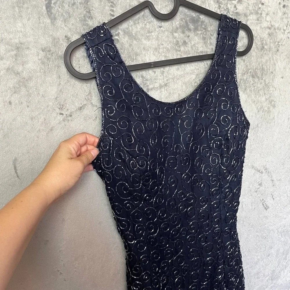 Vintage Scala Navy 100% Silk Beaded Maxi Dress Gown Open Back Cutout Slit XS